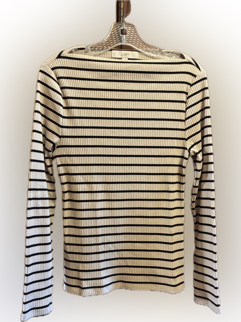 LOFT Cream and Black Ribbed Stripe Sweater Top